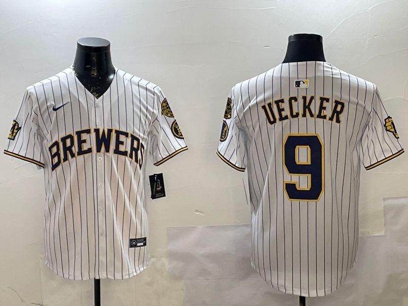 Men Milwaukee Brewers #9 Uecker White Stripe Fashion 2025 Nike MLB Jersey style 1